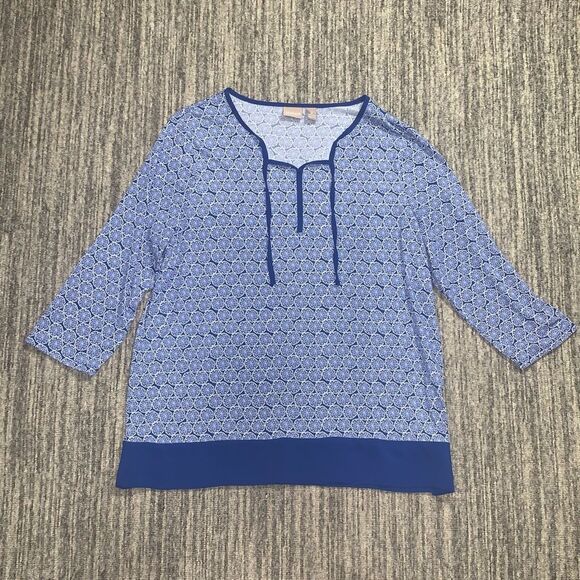 Chicos Women's Size 2 US Large Blue White Sand Dollar Print 3/4 Sleeve Shirt Top - Picture 1 of 6